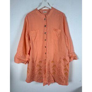 J. Jill Womens Peach Button-Front Embroidered 3/4 Sleeve Tunic Top XL Pockets